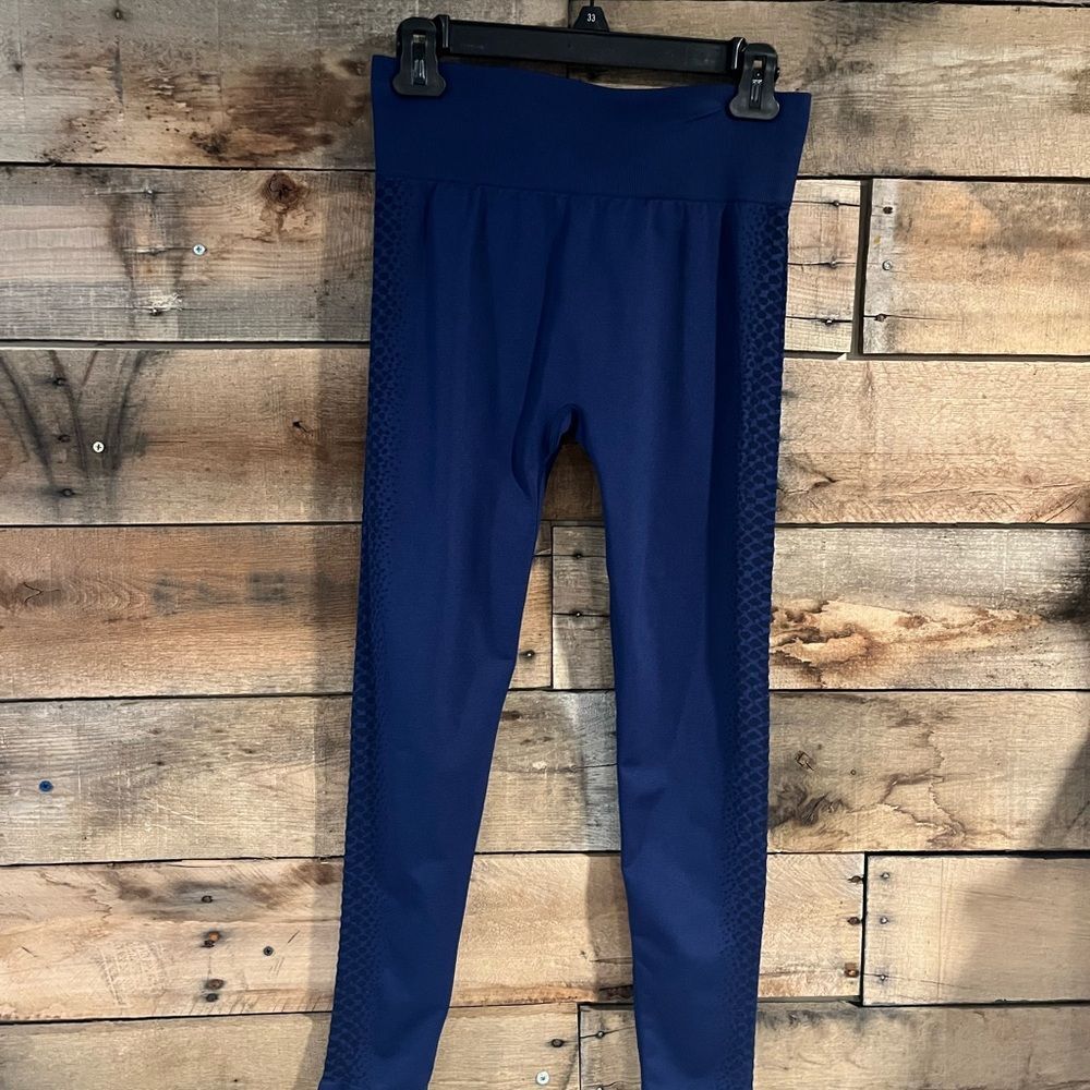 Marika dark blue full length leggings with black diamond side stripes - M